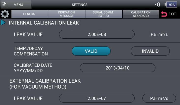 ULVAC HELIOT 900 calibration settings screen — internal and external calibration leak configuration