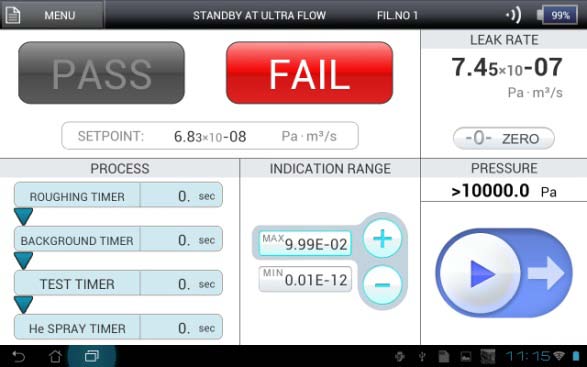 ULVAC HELIOT 900 FAIL result on Ultra Flow test — leak rate 7.45×10⁻⁷ Pa·m³/s exceeds setpoint