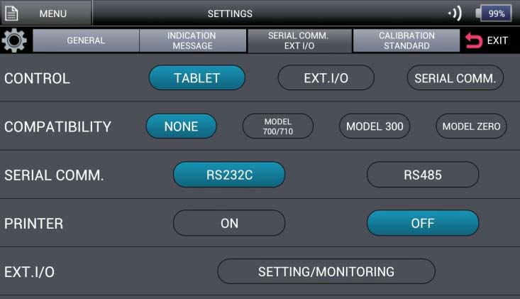 ULVAC HELIOT 900 general settings screen — RS-232C, RS-485, EXT.I/O and compatibility configuration