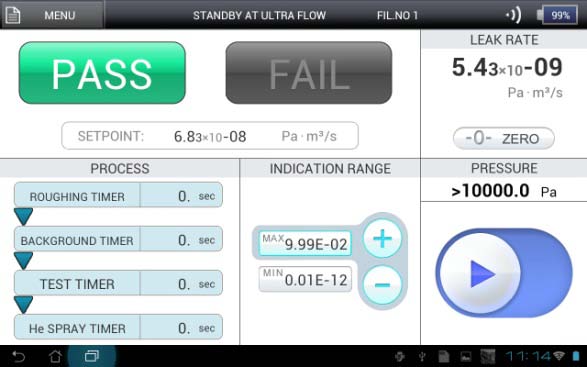 ULVAC HELIOT 900 PASS result on Ultra Flow test — leak rate 5.43×10⁻⁹ Pa·m³/s below setpoint