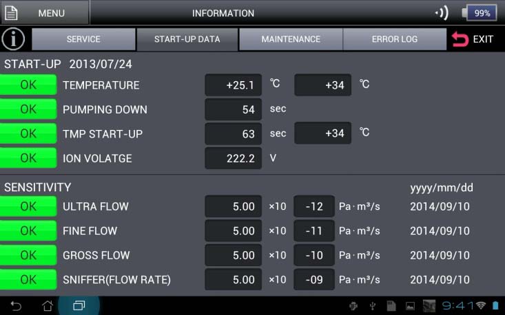 ULVAC HELIOT 900 sensitivity and startup data screen — Ultra Flow, Fine Flow, Gross Flow, Sniffer values