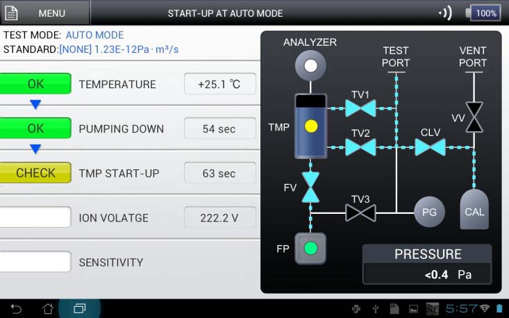 ULVAC HELIOT 900 startup sequence with vacuum circuit diagram — TMP, valves TV1-TV3, CLV, CAL, PG