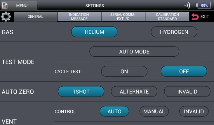 ULVAC HELIOT 900 test mode settings — Auto Zero, Cycle Test, Vent control configuration