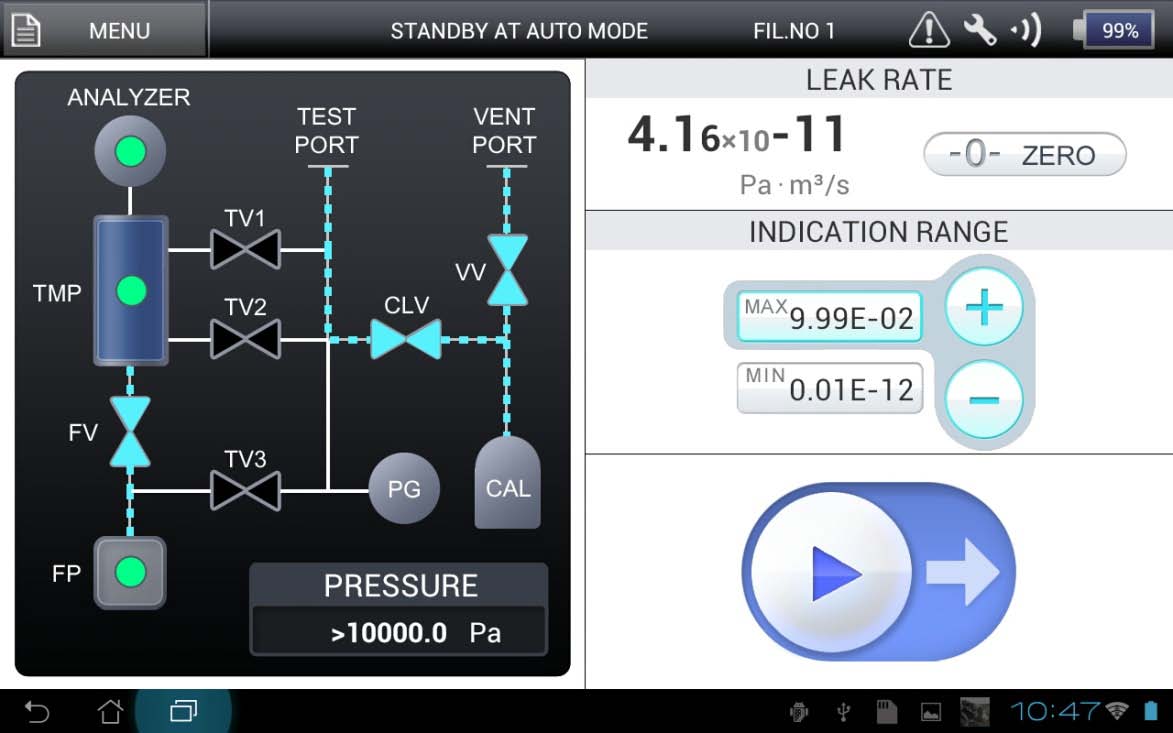 ULVAC HELIOT 900 vacuum circuit schematic on tablet controller — valve positions and component labels in standby mode