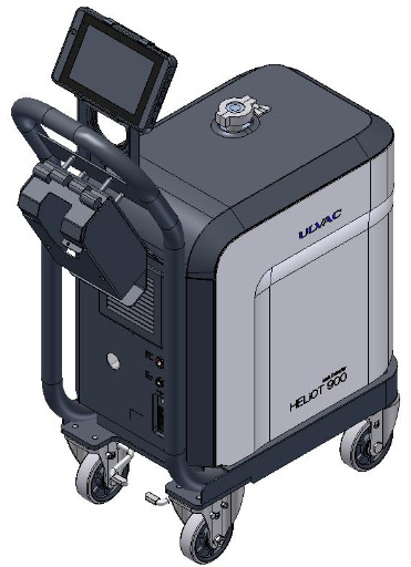 ULVAC HELIOT 904 mobile cart helium leak detector — front view showing tablet controller mount and test port
